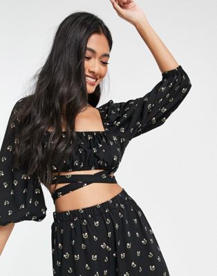 Fashion Union Exclusive balloon sleeve crop top with wrap detail in black base floral - part of a set Fashion Union