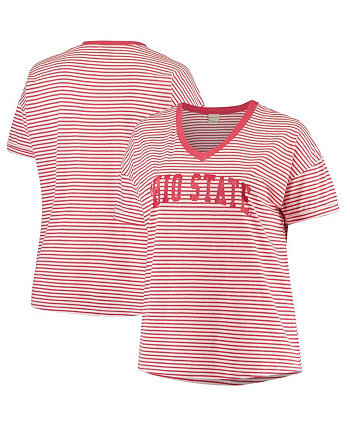 Women's Scarlet and White Ohio State Buckeyes Plus Size Melange Striped New Day V-Neck T-shirt University Girl