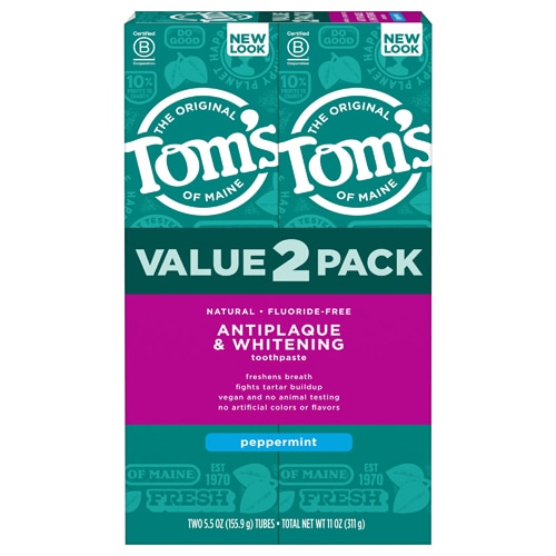 Tom's of Maine Natural без фтора против зубного налета &amp; Отбеливающая зубная паста с перечной мятой — 5,5 унции каждая / упаковка из 2 шт. Tom's of Maine