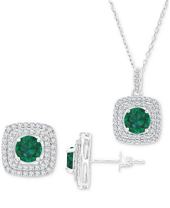 2-Pc. Set Lab-Grown Emerald (3 ct. t.w.) & Lab-Grown White Sapphire (7/8 ct. t.w.) Square Halo Pendant Necklace & Matching Stud Earrings in Sterling Silver Macy's