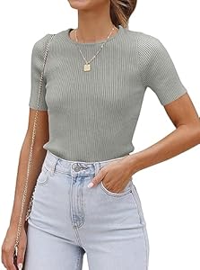 ZESICA Women's Short Sleeve Crewneck T Shirt 2025 Summer Ribbed Knit Slim Fit Basic Solid Color Tee Tops Zesica