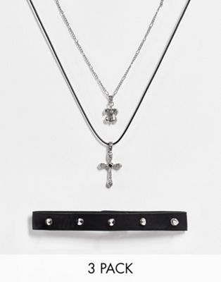 ASOS DESIGN 3 pack necklace cross in burnished silver with spiked choker  ASOS DESIGN