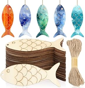 Gerrii 72 Pieces Wood Fish Cutouts Unfinished Wood Fish Shape Cutouts with Holes Blank Wooden Hanging Ornaments Slices with Twine for DIY Crafts Party Decoration Gerrii