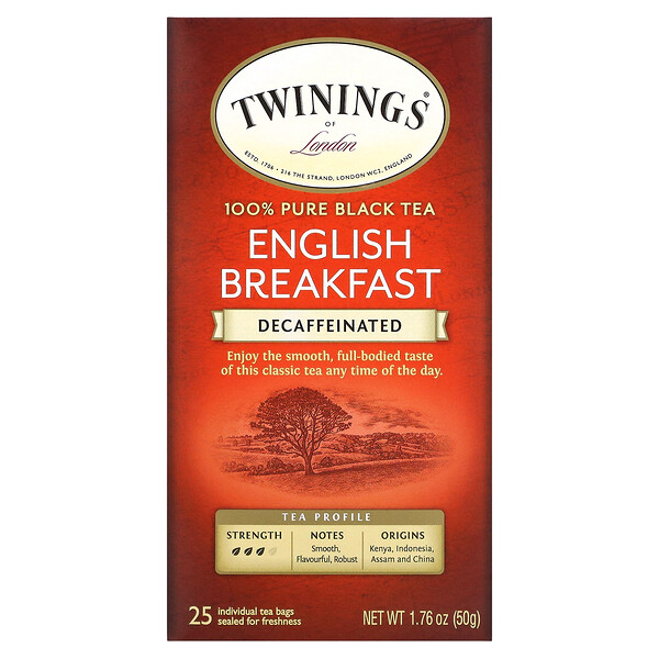 100% Pure Black Tea, Английский завтрак, без кофеина, 25 чайных пакетиков, 1,76 унции (50 г) Twinings