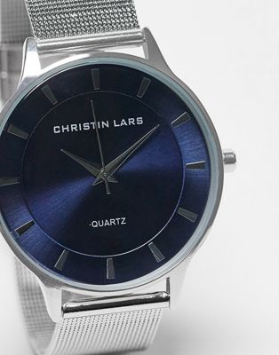 Серебряные часы Christin Lars с сетчатым ремешком из нержавеющей стали с синим циферблатом Christin Lars
