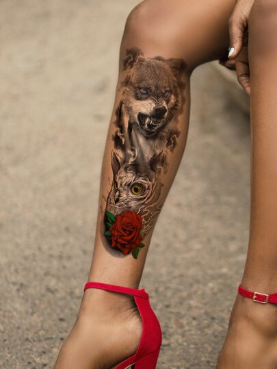1 лист тату-наклейка с узором цветка и волка SHEIN