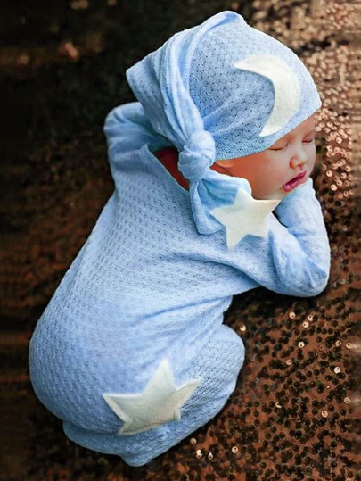 новорожденный звезды и с принтом луны Комбинезон с шапкой Наряд для фотографий SHEIN