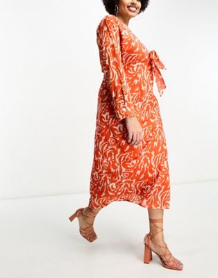 Оранжевое платье миди с завязками и длинными рукавами Pretty Lavish Curve Pretty Lavish