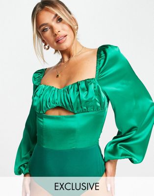 Collective the Label exclusive cut out corset satin bodysuit in emerald green Collective The Label