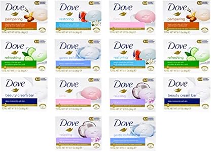 Dove, Beauty Bar Soap Variety Pack of 14, Go Fresh, Shea Butter, Coconut Milk, White, Pampering, Restoring, Exfoliating - 90g (7 Scents, 2 of Each) Dove