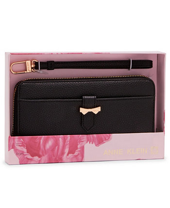 AK Boxed Slim Zip Wallet with Bow Detail and Wristlet Strap Anne Klein