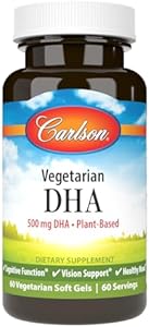 Carlson - Vegetarian DHA, 500 mg DHA, Plant Based, Sustainably Sourced from Algae, Brain Support, Mood Health, 60 Softgels Carlson