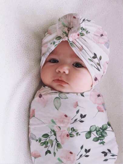 для новорождённых Одеяло с цветочным принтом с запахом & шапка & повязка на голову для фотографий SHEIN