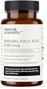 Organic Folic Acid Supplement 1000 mcg - Vitamin B9 (Folate) from Organic Lemon Peel - 60-Day Supply - Plant-Based, Gluten-Free, Vegan, Non-GMO - 60 capsules - Premium Dietary Supplement NATURAL SCIENTIFIC