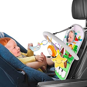 UNIH Car Seat Toys for Baby Infant 6 Months and Up, Pedal Piano Adjustable Carseat Toys with Music, Baby Mirror and Hanging Squeaky Sensory Soft Baby Toys 6 to 12 Months UNIH