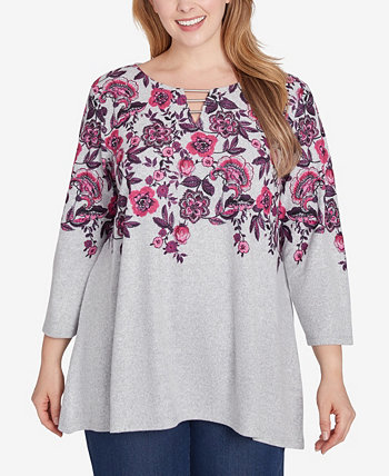 Женская Блузка Ruby Rd. Plus Size Split Neck Floral Vine Placement Hatchi Knit Sharkbite Top Ruby Rd.