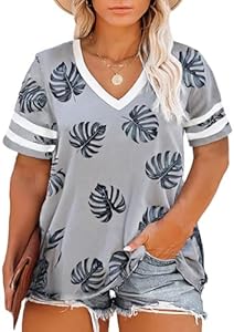 Happy Sailed Womens Plus Size Tunic Tops Summer Short Sleeve V Neck Striped Loose Casual Tee Shirt(1X-5X) Happy Sailed