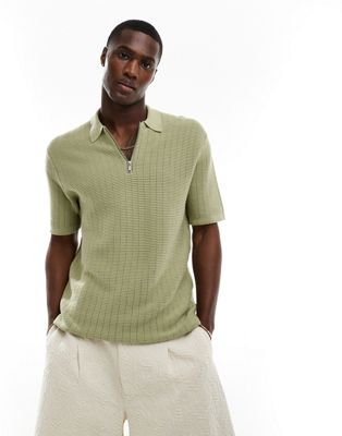 ONLY & SONS half zip open knit polo shirt in sage green Only & Sons