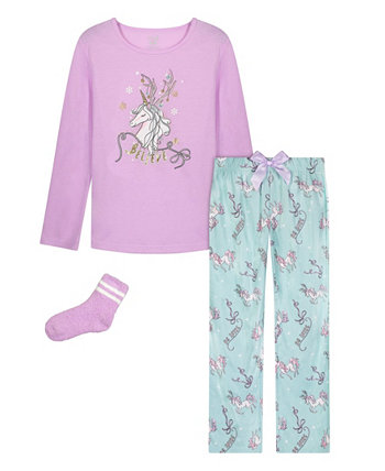 Little Girls 3 Piece Unicorn Top, Pajama and Socks Set Max & Olivia