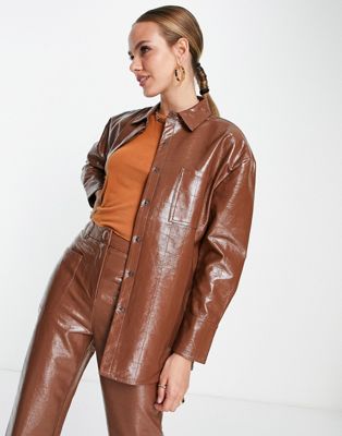 4th & Reckless oversized leather look embossed shirt in chocolate - part of a set 4TH & RECKLESS