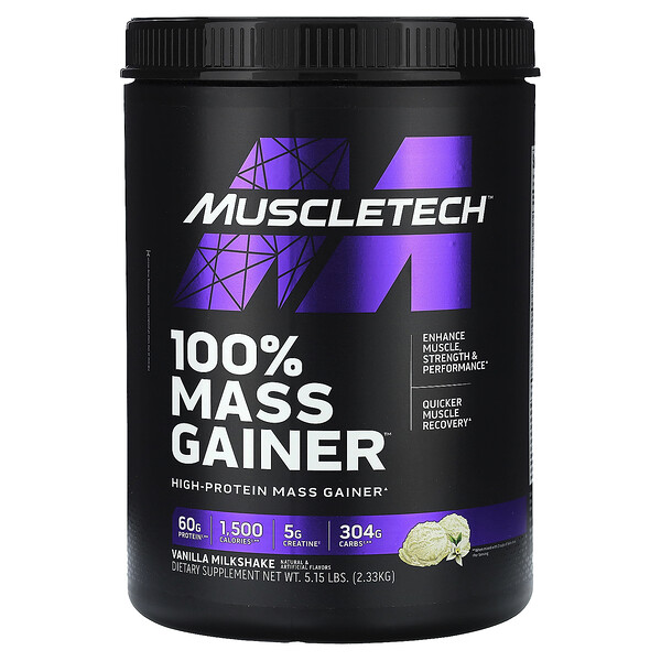 100% Mass Gainer, ванильный молочный коктейль, 5,15 фунта (2,33 кг) Muscletech