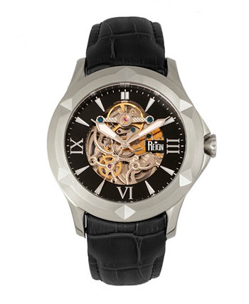Автоматический черный циферблат Dantes, серебряный корпус, часы из натуральной черной кожи 47 мм Reign