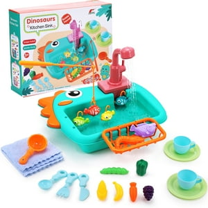 Anpro Kitchen Play Sink Toys, 25PCS Dinosaur Electronic Dishwasher Sink with Running Water, Fishing Game Toys and Play Food Set for Toddler Girls Boys, Green Anpro