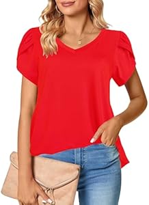 Afibi Womens Summer V Neck Loose Dressy Shirts Petal Short Sleeve Tunic Tops Afibi