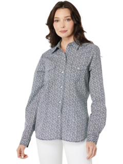 Хлопковая/полиэфирная темно-синяя и кремовая блуза в стиле вестерн с цветочным принтом и кнопками Roper