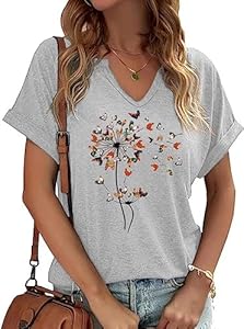 Women's Vintage Flowers Shirt Casual Boho Floral Printed T-Shirt Sunflower Wildflowers Graphic Tees Tops for Girl Qbily