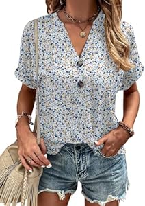 Micoson Short Sleeve Womens Tops Summer V Neck T-Shirts Dressy Casual Henley Blouses Button Basic Tee Loose Fit Micoson