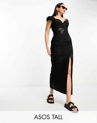 Черное платье миди с вырезом сердца и пуговицами ASOS DESIGN Tall ASOS Tall