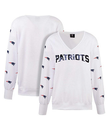 Женская белая флисовая футболка с v-образным вырезом и пайетками New England Patriots Cuce