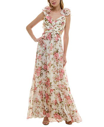 Juniors' Floral-Print Strappy-Back Ruffled Gown B Darlin