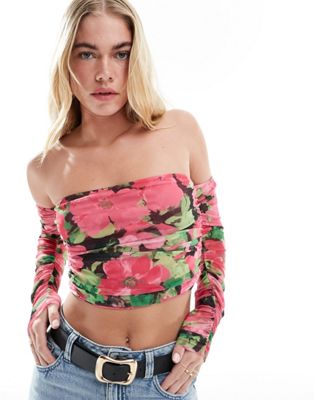 ONLY ruched detail mesh cropped bardot top in multi floral  ONLY