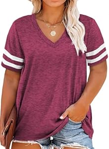 Happy Sailed Womens Plus Size Tunic Tops Summer Short Sleeve V Neck Striped Loose Casual Tee Shirt(1X-5X) Happy Sailed