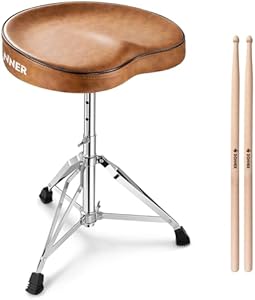 Donner Saddle Drum Throne, Height Adjustable Padded Seat Drum Stool for Adults and Kids, 5A Drumsticks Included, with Double Braced Legs Rubber Feet, Brown Donner