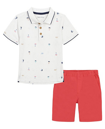 Baby Boys Printed Pique Polo Shirt and Prewashed Twill Shorts, 2 Piece Nautica