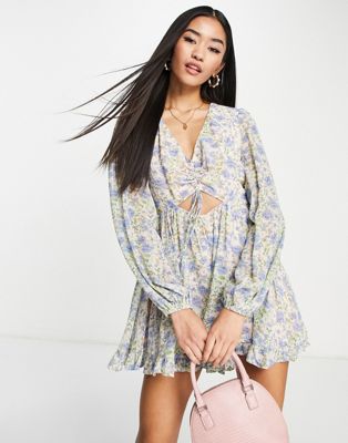 Love Triangle balloon sleeve romper in blue vintage floral Love Triangle