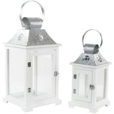 Set of 2 White Wooden Candle Lanterns with Galvanized Metal Tops 19.5&#34; Christmas Central