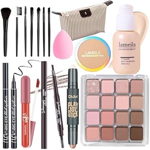 Makeup Set Full Kit for Girls Teens Women, Makeup Present Set, Includes Eyeshadow, Foundation, counter stick, Powder, Eyebrow Pencil, Eyeliner, Brushes, Lip Gloss, Sponge, Cosmetic Bag YBUETE