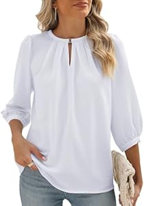 Rapbin Keyhole V Neck Puff 3/4 Length Sleeve Womens Tops Dressy Casual Chiffon Work Blouses Pleated T-Shirts Loose Fit S-XXL Rapbin