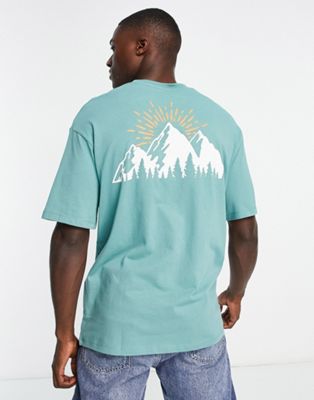 Бирюзовая футболка оверсайз с горным принтом на спине Selected Homme Selected