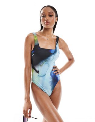 ASOS DESIGN Tall Whitney square neck swimsuit in blue watercolor ASOS DESIGN