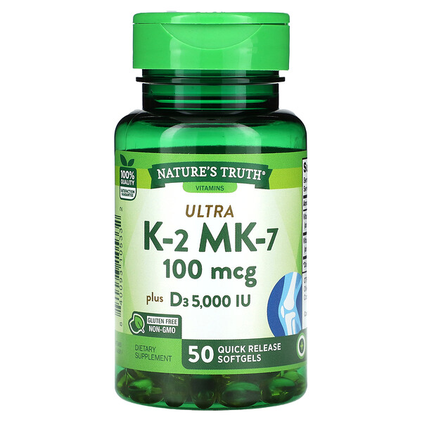Ultra K-2 + MK-7, 100 мкг, 50 мягких таблеток быстрого высвобождения Nature's Truth