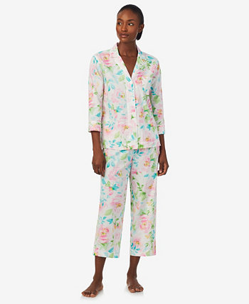 Женский пижамный комплект из 2 предметов: топ с воротником с вырезом на рукаве 3/4 и брюки-капри LAUREN Ralph Lauren