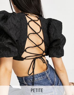 Collective the Label Petite puff sleeve backless crop top in textured black - part of a set Collective The Label Petite