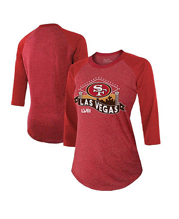Женская футболка Scarlet San Francisco 49ers Super Bowl LVIII Vegas реглан с рукавами 3/4, футболка Tri-Blend Majestic