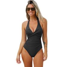 Women's CUPSHE V Neck Tummy Control Halter Backless One-Piece Swimsuit Cupshe