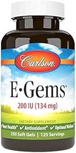 Carlson E-Gems 200 IU (134 mg), Natural-Source Vitamin E, Optimal Wellness, 250 Soft Gels Carlson